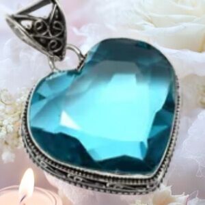 Genuine Gemstone Blue Topaz Heart 925 Silver 1.75 inches